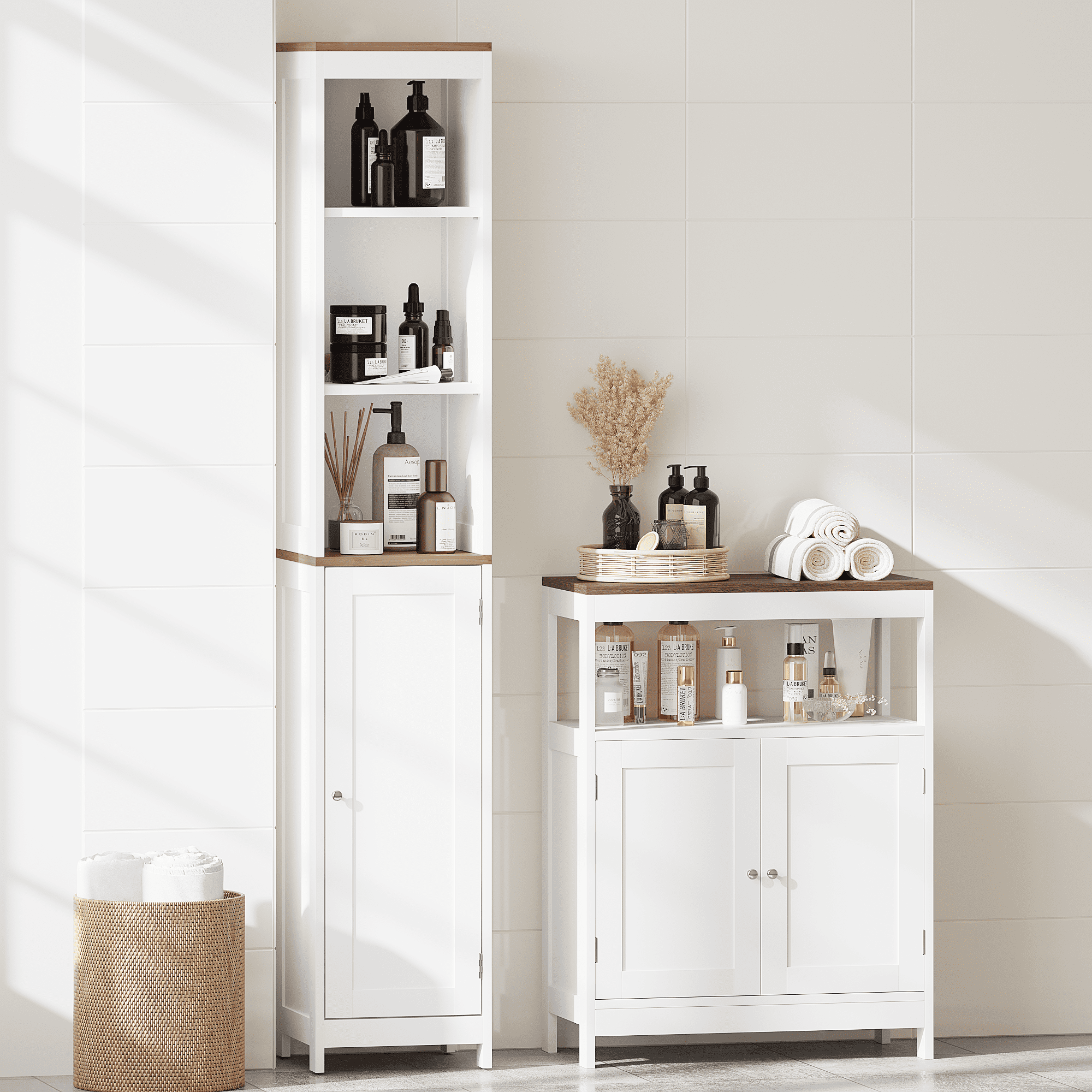 Tall Bathroom Storage Cabinet with Reversible Door, Freestanding Linen Tower with Open Shelves and Enclosed Cabinet, Narrow Floor Cabinet Organizer for Bathroom, Laundry Room