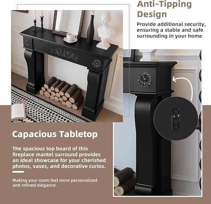 EPICOZY 44.5" Fireplace Mantel, Freestanding Fireplace Surround with Leg for Electric Fireplaces, MDF Mantel Surround with Shelf for Living Room with Decorative Pattern, Anti-Tipping & Waterproof