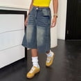 thumbnail image 4 of ZHANGDER Girls Jean Shorts Baggy Wide Leg Washed Bermuda Denim Shorts Straight Leg Cute Summer Y2K Streetwear, Blue 14-15 Years, 4 of 6
