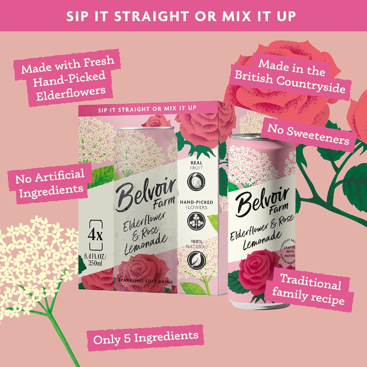 (Pack Of 6) Belvoir Lemonade Elderflower & Rose 4 Pack 33.6 Fo