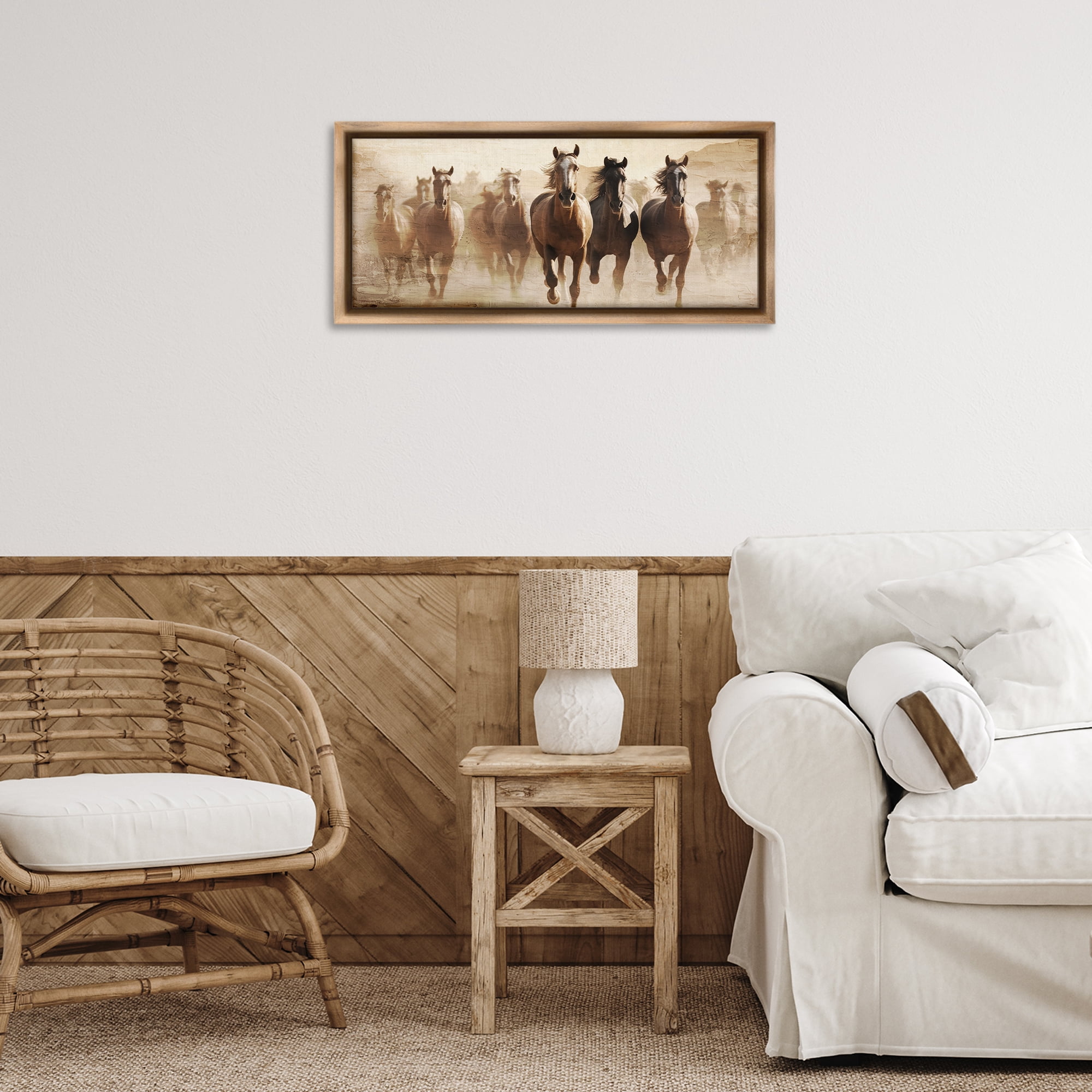 Stupell Industries Rustic Layered Gallop Animals Painting Brown Floater Framed Canvas Art Print Wall Art, 25 x 11