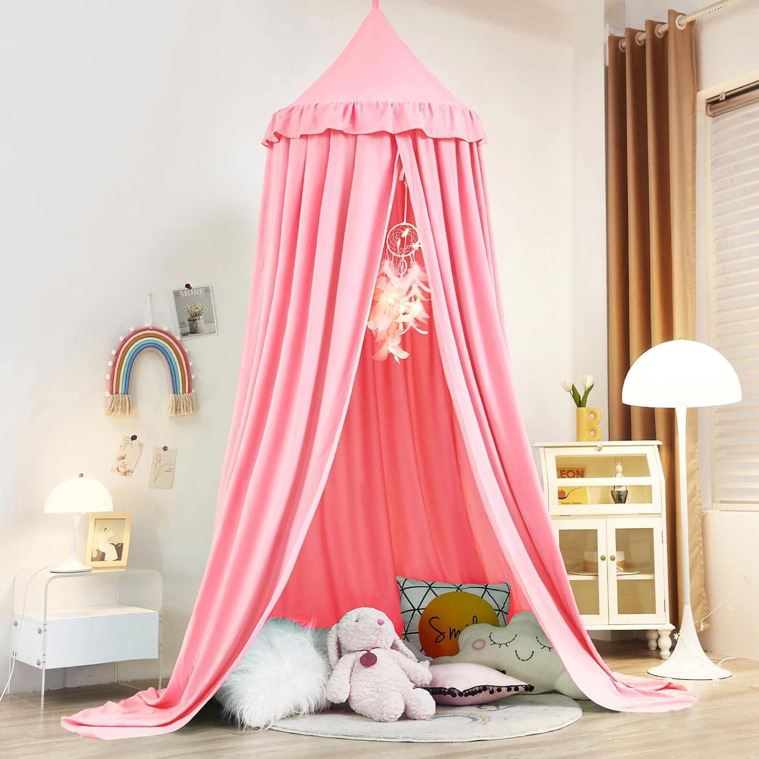 Decor Canopy for Kids Bed, Soft Smooth Playing Tent Canopy Girls Room Decoration Princess Castle, Dreamy Mosquito Net Bedding, Children Reading Nook Canopies in Home (Nordic Pink)