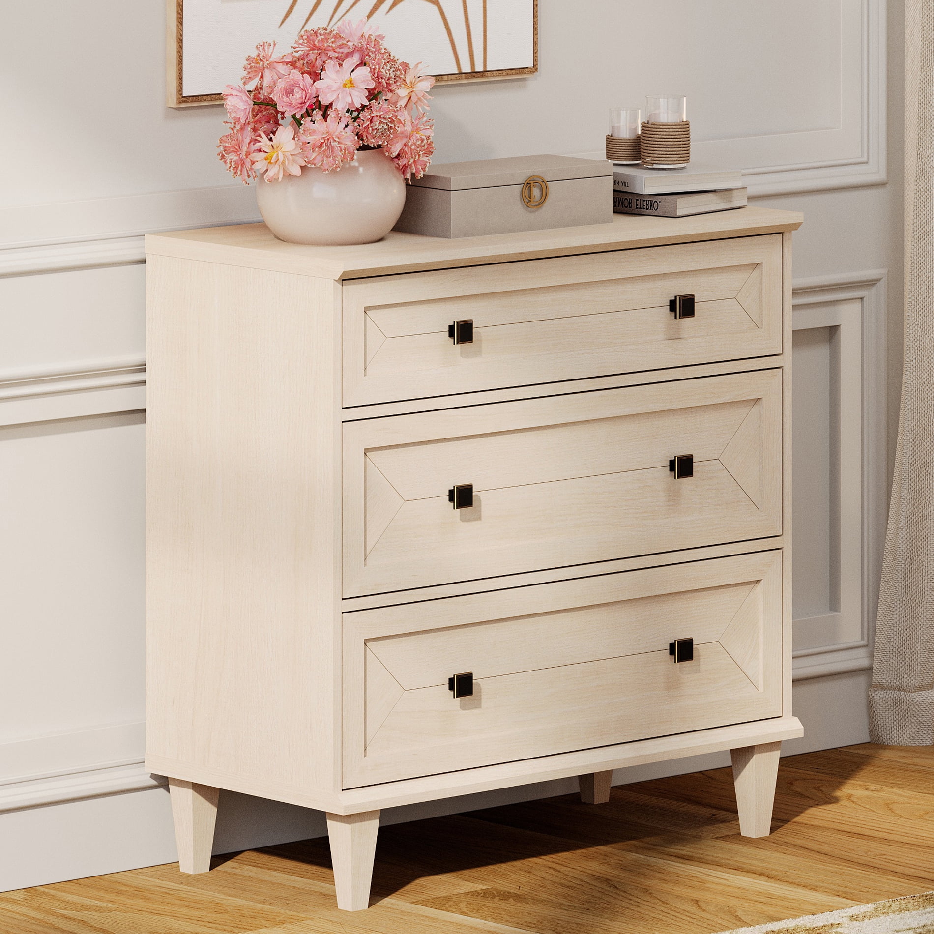 WAMPAT 31.5" Large Handmade Patchwork 3-Drawer Nightstand, Beige