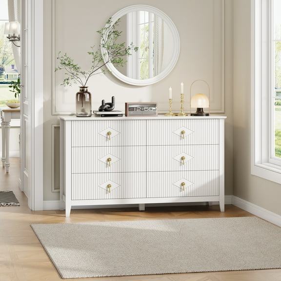 SAINSPEED 6 Drawers Fluted Dresser for Bedroom, 54" White Dresser TV Stand, Modern Chest of Drawers, Wood Drawer Clothes Storage Organizer Cabinet for Bedroom