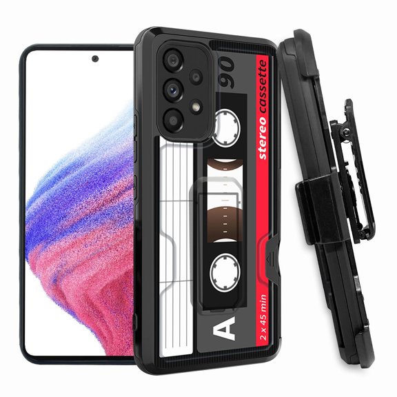 ANJ  Rugged Shockproof Hoster Case w/Card Slot, Kickstand   Tempered Glass Cover for Samsung Galaxy A33 5G - Cassette Tape