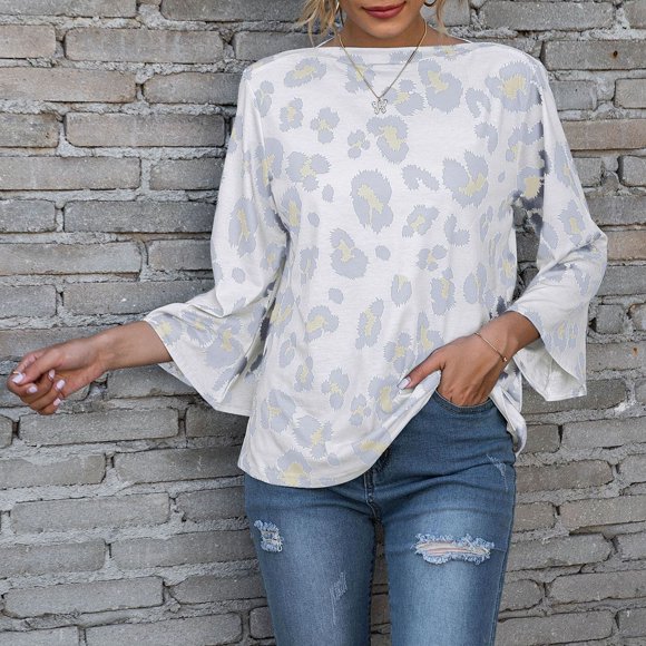 Camisa de cuello redondo,Blusa de manga acampanada Tops sueltos casuales Blusas Camisa de manga acampanada Respuesta rápida