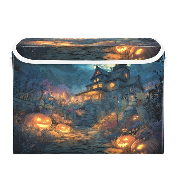 WOBOGO Halloween Haunted House Large Collapsible Storage Box Flip Lid Fabric Decorative Organizer Container Basket with Handles 16.5×12.6×11.8in