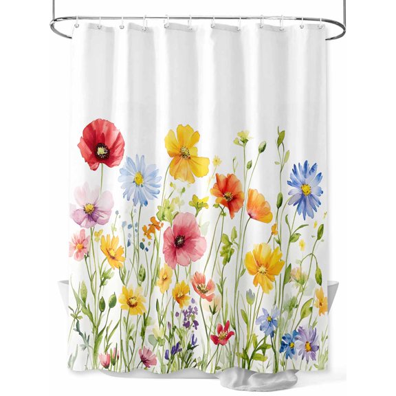Boanket Polyester Fabric Watercolor Flowers Shower Curtain, Daisy Purple Orange Blue Floral Waterproof Bathtub Curtain Bathroom Decor Set with Hooks 66 x 72 Inches,