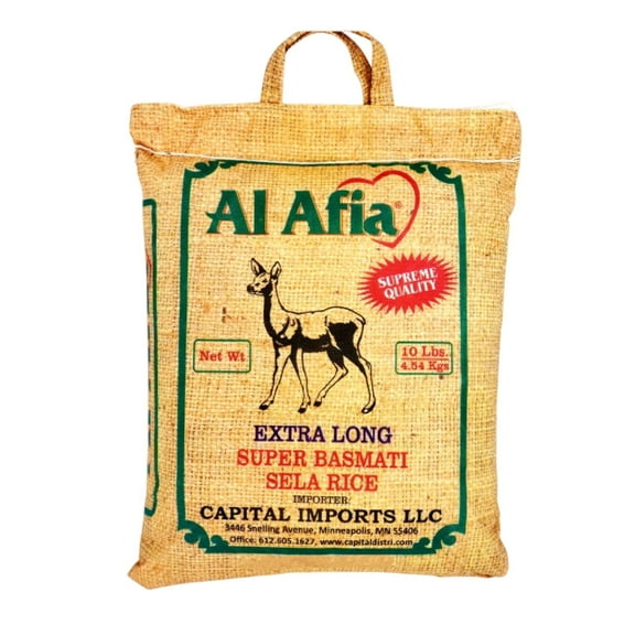 Al Afia Basmati Sela Rice Supreme Quality Extra Long , 10 lb (4.54 kg), Non GMO, Extra Long Basmati Rice, Vegan, Gluten Free, BPA Free, Zip Lock Bag, Dried Grains, Fresh White Rice