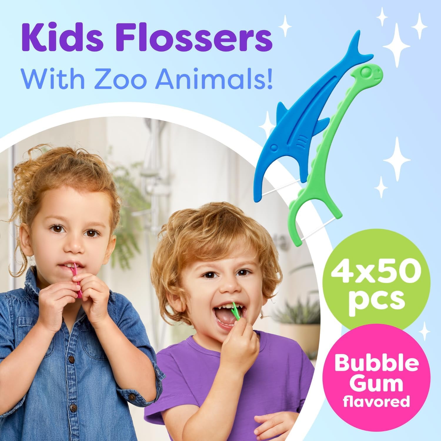 Kids Flossers 4 Pack (200 Count) – Fun Animal-Shaped Floss Picks for Kids, Bubble Gum Flavor, Easy Between Teeth, Helps Prevent Tooth Decay & Disease