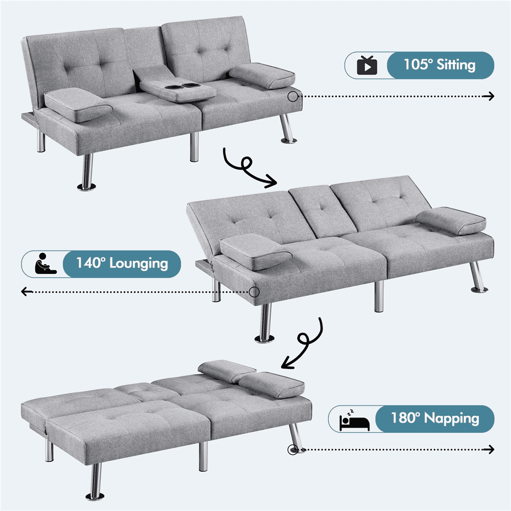 Renwick Fabric Upholstered Convertible Futon Sofa Bed with Cup Holders and Pillows, Light Gray