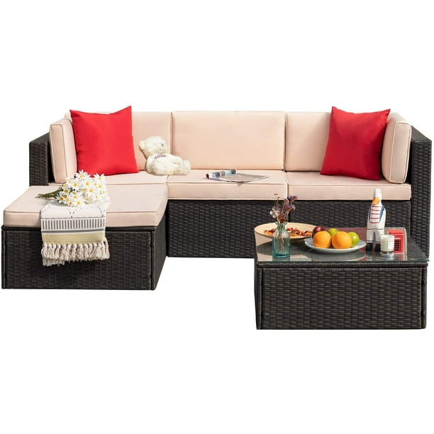 Devoko 5 Pieces Patio Sectional Set Outdoor Wicker Rattan Conversation
