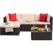 Devoko 5 Pieces Patio Sectional Set Outdoor Wicker Rattan Conversation Sofa with Cushion and Glass Table, Beige