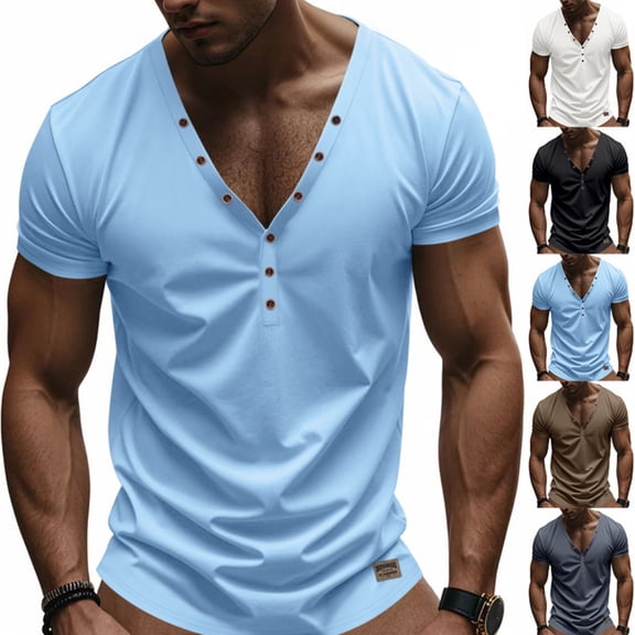 Men's V-Neck Button T-Shirts Short Sleeve Tees Henley T-Shirt Summer Base Tops