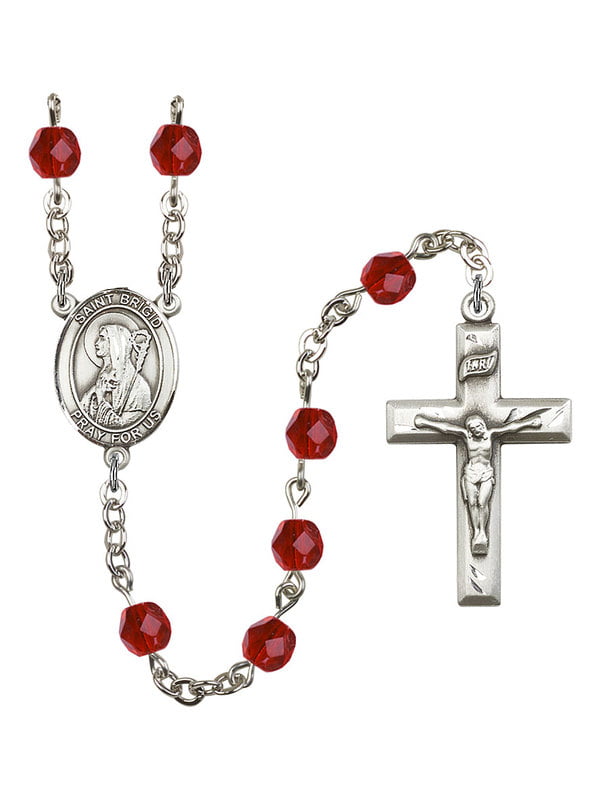 Silver Plate Rosary Bracelet features 6mm Pink Fire Polished beads The Crucifix measures 5/8 x 1/4 The charm features a St Brigid of Ireland medal. 