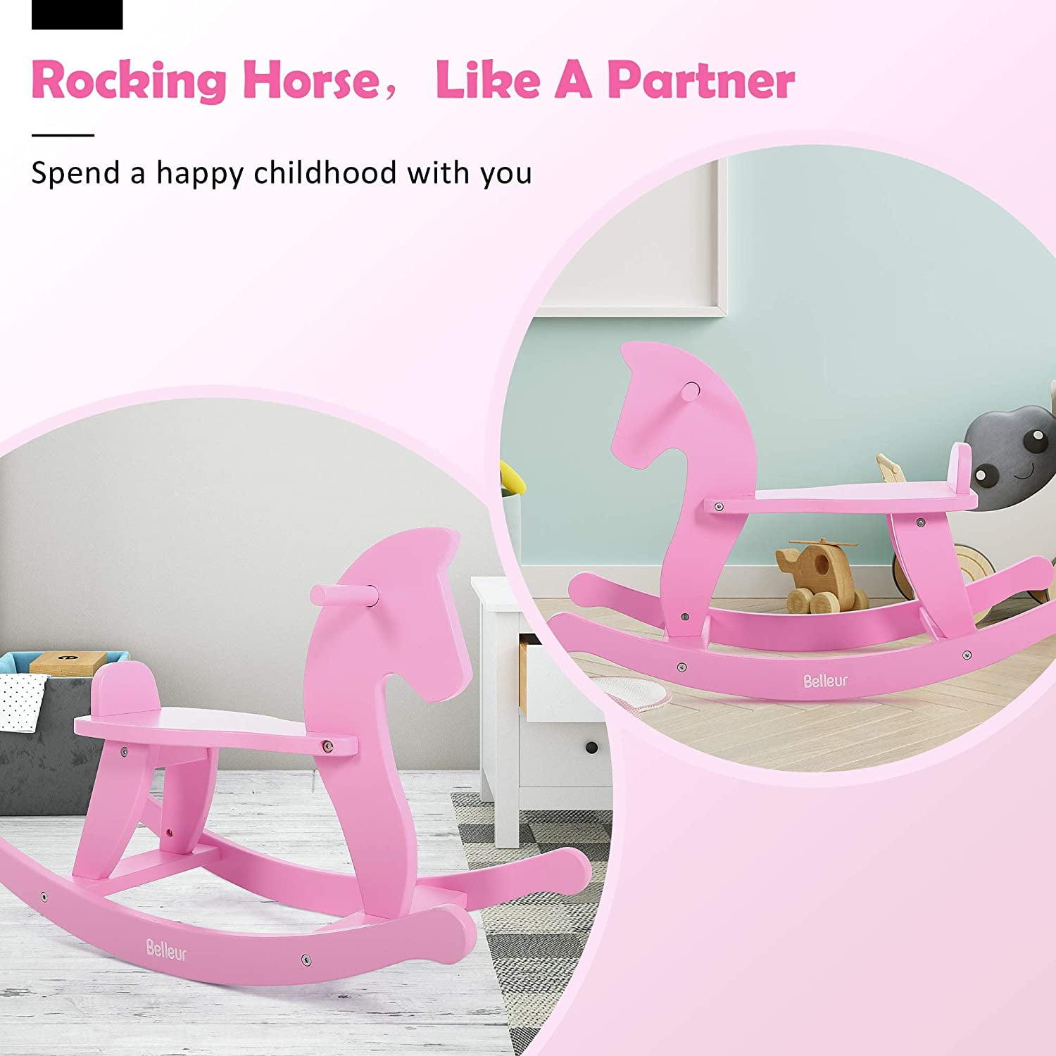 Belleur Wooden Rocking Horse for Baby Birthday White Boys & Girls Rocking Animal for Indoor & Outdoor Activities Toddler Wood Ride-on Toys for 1-3 Year Old