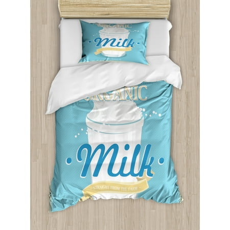 Matching Crib And Twin Bedding Sets Vintage Blue Twin Size Duvet Cover Set, Splashing Milk Jar Design with Calligraphic Scripts in Retro Frame, Decorative 2 Piece Bedding Set with 1 Pillow Sham, Baby Blue Cream White, by Ambesonne ()