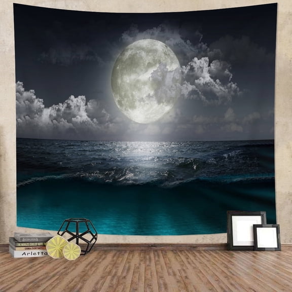 Dashan Moon Ocean Tapestry Wall Hanging,Blue Ocean and White Cloud Tapestries for Bedroom Living Room Dorm Decor,60"Wx50"L