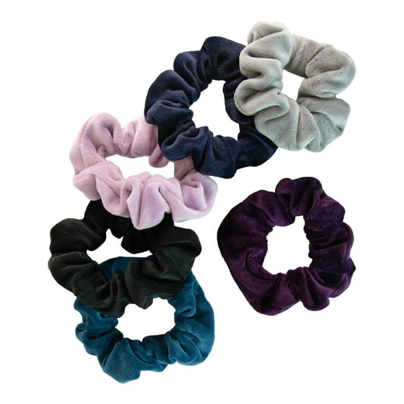 Scunci Original Scrunchies in Velvet Texture in Warm Winter Tones: Black, Brown, Blue, Pink, and Purple, 6ct