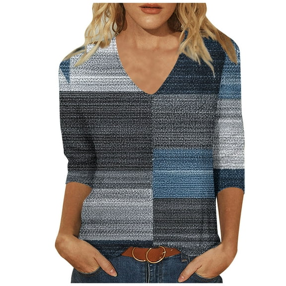 SHE IS Womens 3/4 Sleeve Tops, Womens Long Sleeve Tops Womens Tops Casual Petite V Neck Blouses for Women Cotton Tunic Tops for Leggings Loose Blouse Shirt