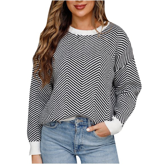 IROINNID Reduced Womens Sweater Round Neckline Pullover Sweater Solid Color Casual Short Length Long Sleeve Sweater Coat Top Splicing Splicing Coat