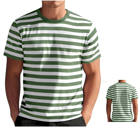Clossjun Mens Striped T-Shirt Casual Short Sleeve Daily Wear Shirts Crew Neck Fashion Daily Wear Blouses For Work Out Business Gym Light Green 3XL