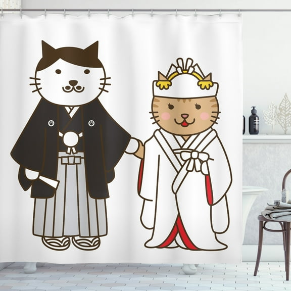 Ambesonne Japanese Cat Shower Curtain, Bride and Groom Cats, 69"Wx70"L, Dark Grey White