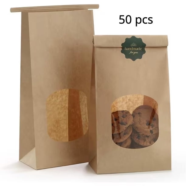 50 bolsas de papel kraft for panadería con ventana y cierre de pestaña, bolsas de golosinas resellables for chocolates, fiestas, cafeterías y panaderías, 4,5 x 2,36 x 9,6 pulgadas