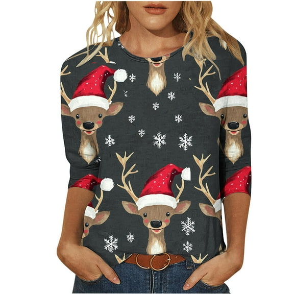 Festival Saving Christmas Top for Women Fall Reindeer Tees 3/4 Sleeve Round Neck Tops Tshirts for Holiday Fall Clothes My Items