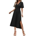 thumbnail image 1 of Vestido Maxi de Manga Larga para las Mujeres Caída Sólido de Manga Corta Cuello en V Plisado Vestido Maxi Midi, Cintura Elástica Boho Vestido de Playa con Bolsillos, 1 of 9