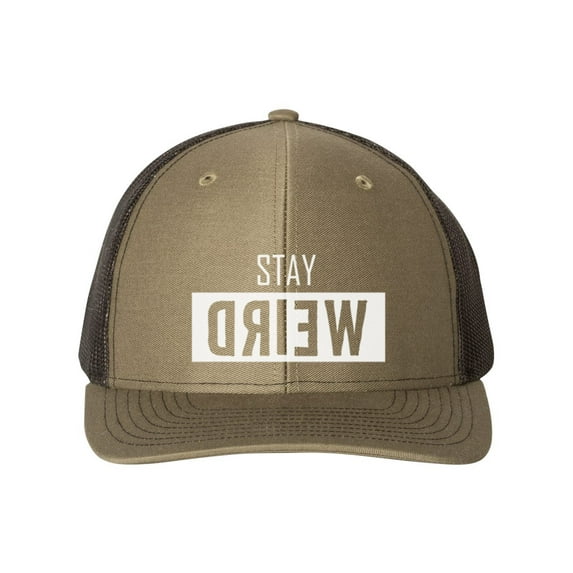 Stay Weird, Trucker Hat, Weird, Gift For Him, Stay Weird Hat, Funny Hats, Inspirational, Snapback Hat, Adjustable, Gift For Her, White Text, Loden/Black