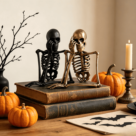 YATingW Halloween Thinking Skeleton Resin Statue, Antique Black & Gold Metallic Finish Daydreaming Skeleton Figurine Indoor Table Mantel Party Spooky Centerpiece Decor