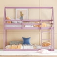 thumbnail image 2 of Hassch House Shaped Floor Bunk Bed, Twin over Twin Size Rubber Wood Bed Frame with Roof, Ladder and Safety Guardrails, No Box Spring Needed, Pink, 2 of 8