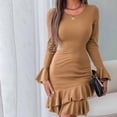 thumbnail image 2 of Trumpet Long Sleeve Dress for Women Crewneck Solid Color Slim Fitted Ruffle Dress Fashion Casual Work Mini Dress, 2 of 5