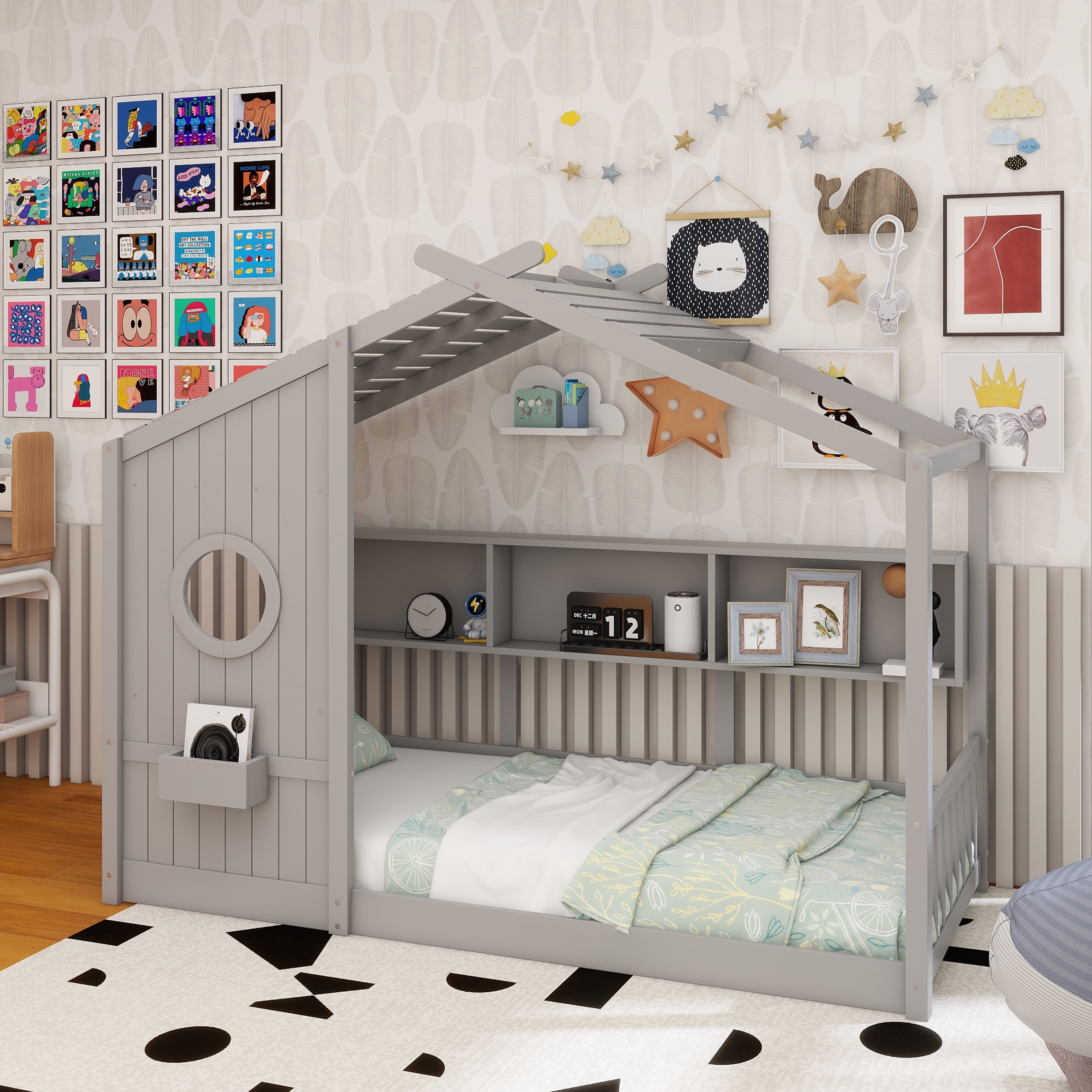 Twin Size Floor House Bed for Toddler, Kids Montessori Bed with Storage Shelf, Playhouse Bed with Roof Design, Gray