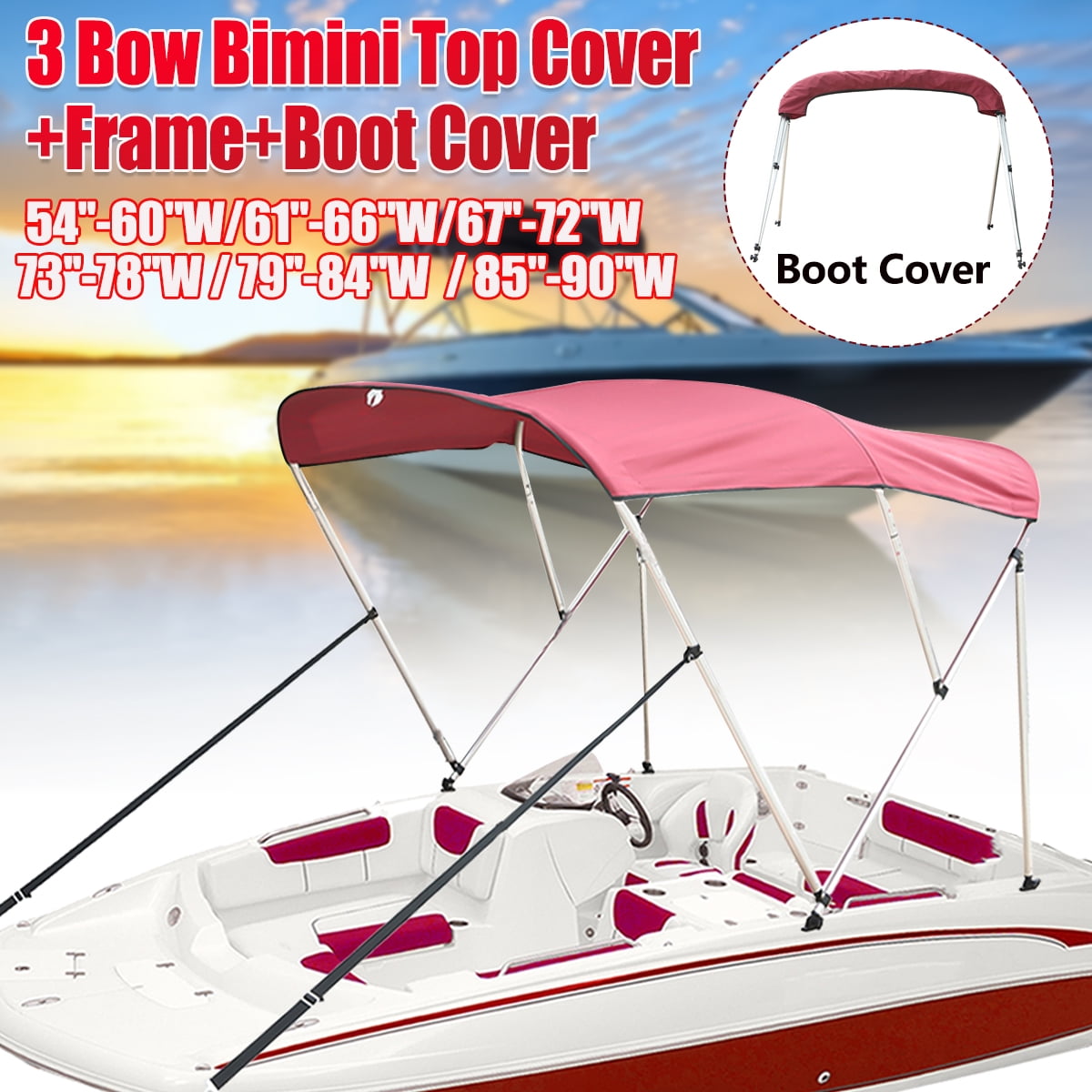 3 Bow Boat Bimini Top Cover Boat Canopy Shade with Support Pole Boot Beige 67-72 