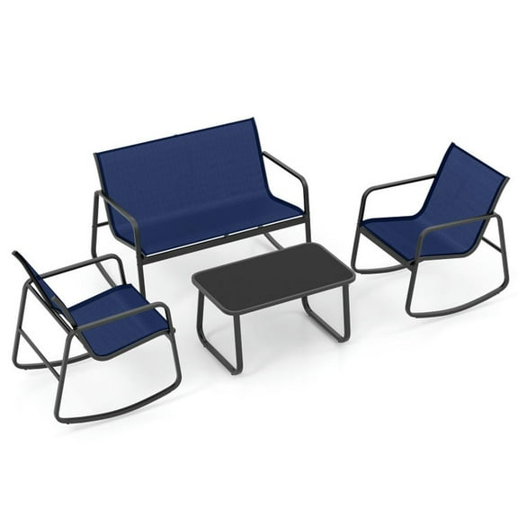 Yardi Yard 4 Piece Patio Rocking Set with Glass-Top Table, Patio Conversation Set for Garden, Yard, Navy