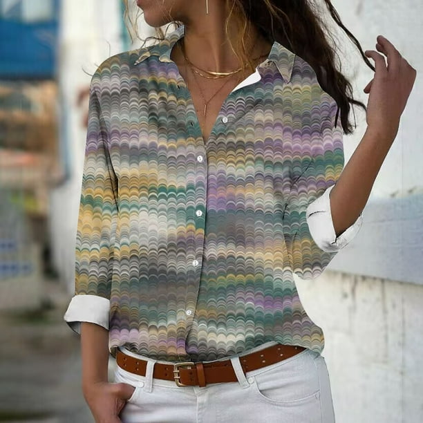 Fiudx Ofertas Flash Del Día Solo En Línea Camisa con Botones de Solapa Estampada de Serie Informal Regular de Manga Larga para Mujer