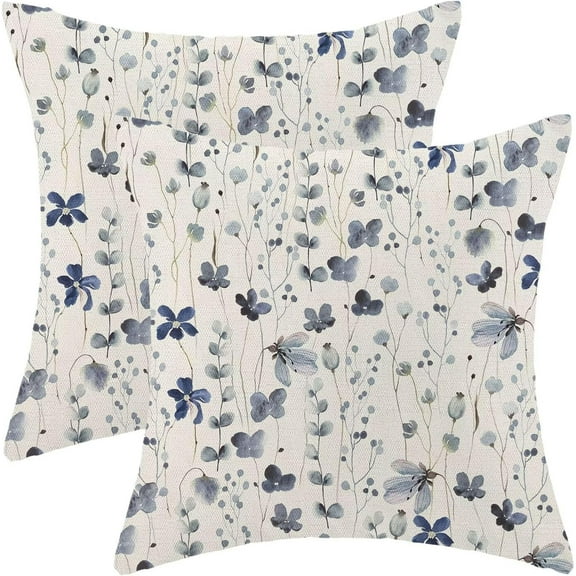 Spring Blue Floral Throw Pillow Covers 20x20 Set of 2, Flower Print Linen Decorative Pillow Covers Watercolor Branch Decoration Outdoor Cushion Cover Blue Floral Pillowcase for Sofa Couch Farmhouse