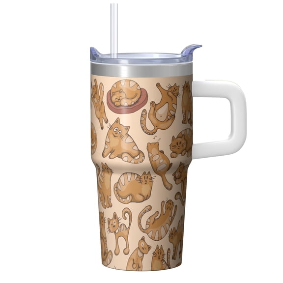 20oz Feline Cat Tumbler with Handle Insulated Travel Mug Useful Cat Lover Gift for Women Birthday Christmas Presents Cup Holder Friendly Wide Mouth for Ice Hot Coffee Cold Water All Day