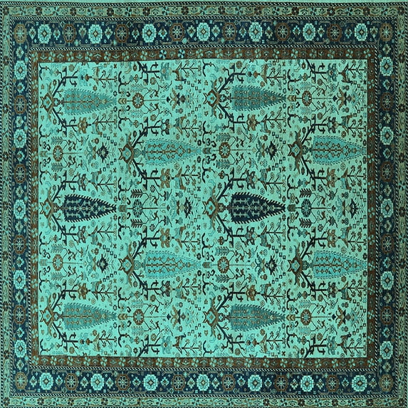 Ahgly Company Machine Washable Indoor Square Oriental Turquoise Blue Industrial Area Rugs, 3' Square