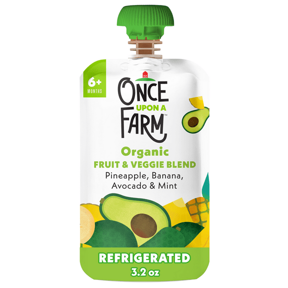 Once Upon a Farm Organic Refrigerated Baby Food Fruit & Veggie Blend Pineapple, Banana & Avocado with Mint, 3.2oz Pouch