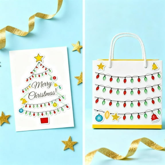 geerera 32PCS Christmas Lights Stickers, Waterproof 3D Stickers, Glitter Adhesive Decals, for Xmas Crafts Scrapbooks Holiday Decoration