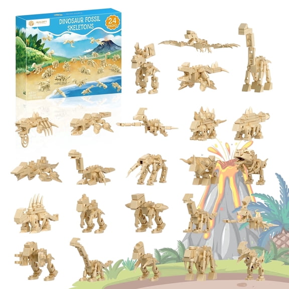 Party Favors 24 Pack Dinosaur Fossil Building Blocks Set, Lego Compatible Mini Dino Toys Boys 6 