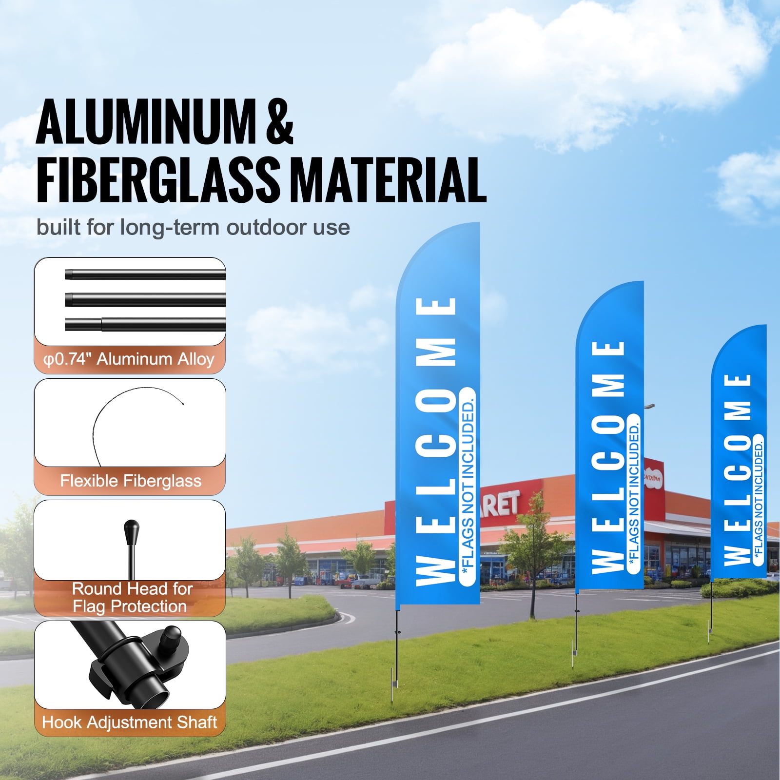 KFFKFF Feather Banner Pole Set, Quadruple Pack of 16.3 ft Flutter Flag Poles, Ideal for Commercial Advertising Flags Outdoors, Comes with Ground Pegs and A Transport Bag (Flag Not Provided)