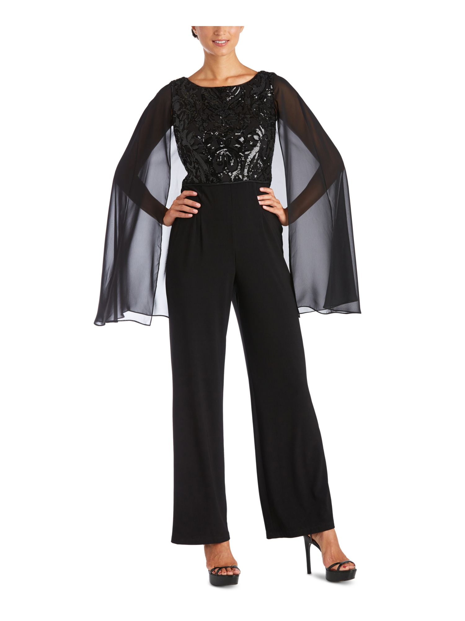 R&M Richards Women Black Sequined Caped Sleeve Scoop Neck Evening ...