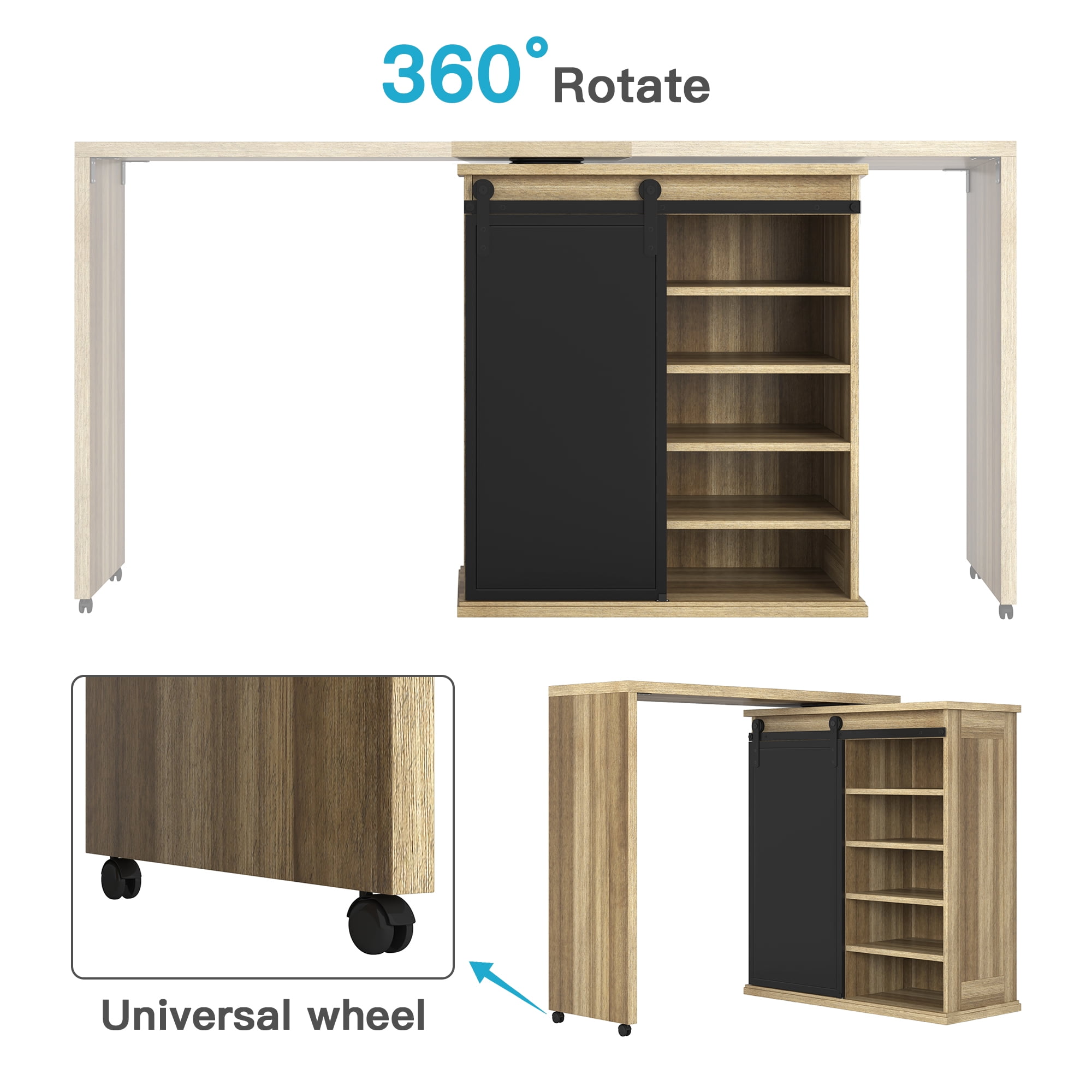 Kadyn 360° Rotatable Buffet Cabinet, Free Rotating Coffee Bar Table, Bar Cabinet Sideboard with Barn Sliding Door, Vintage Brown