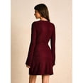 thumbnail image 3 of Elegant Burgundy Textured Wrap Bodycon Mini Dress for Women Long Sleeve V-Neck Gold Buckle Detail Party Dress Stretch Wrinkle Resistant Fabric for Date Nights Weddings and Formal Events, 3 of 4