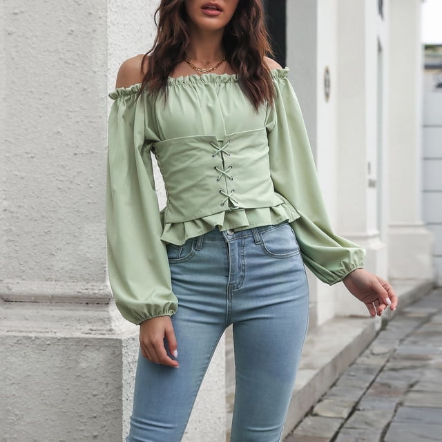 Tops de manga abullonada con hombros descubiertos,Tops largos con hombros descubiertos para mujer, blusa con cordones, durabilidad mejorada