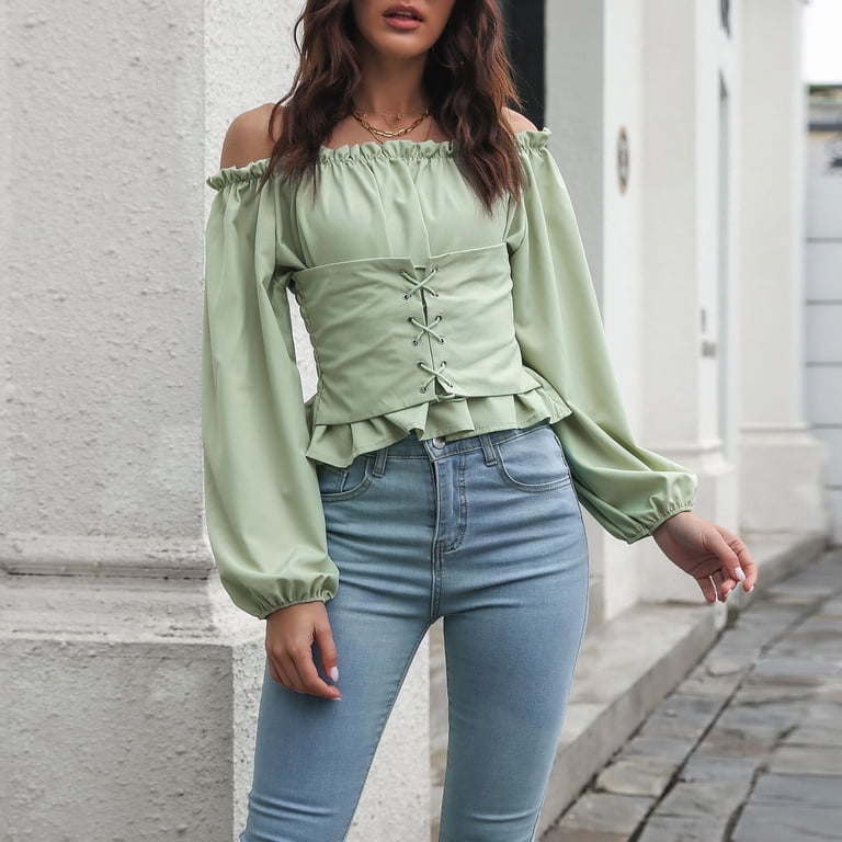 Women Off Shoulder Long Puff Sleeve Tops Pure Color Front Lace Up